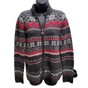 Breckenridge Women's Zip Up Snowflake Sweater Gray Red Knit Long Sleeve Sz Small